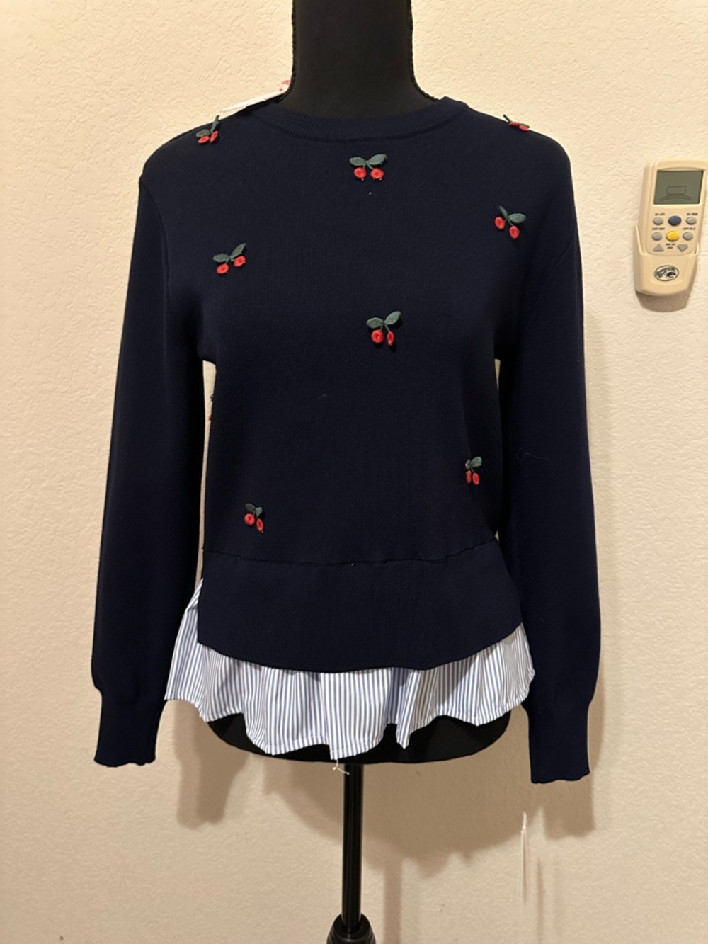 Nanette Lepore Navy Sweater with Red Cherry Embroidery. Size Small. NWT.